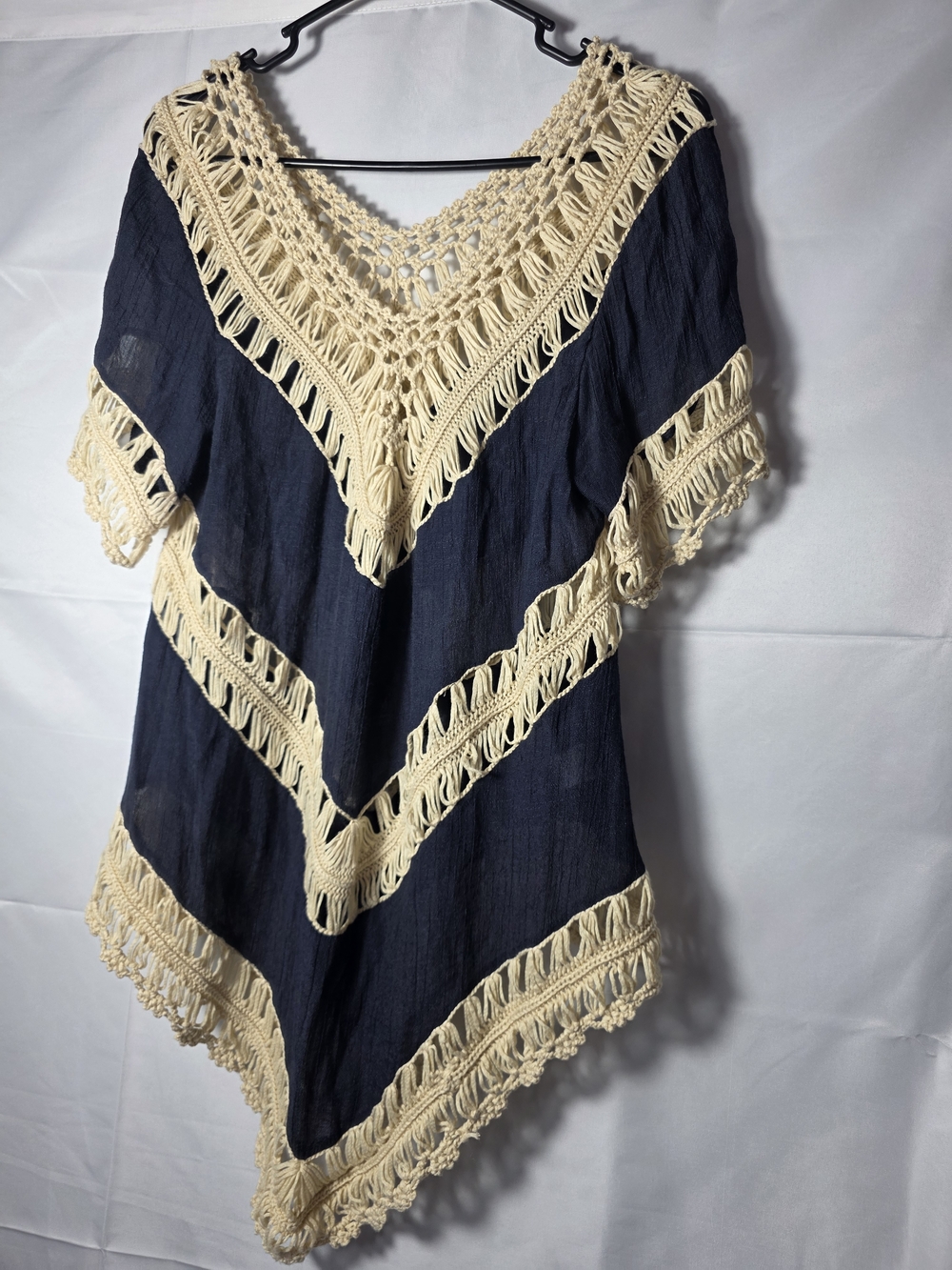 Umgee Navy and Cream Crochet Trim Tunic Boho Cottagecore